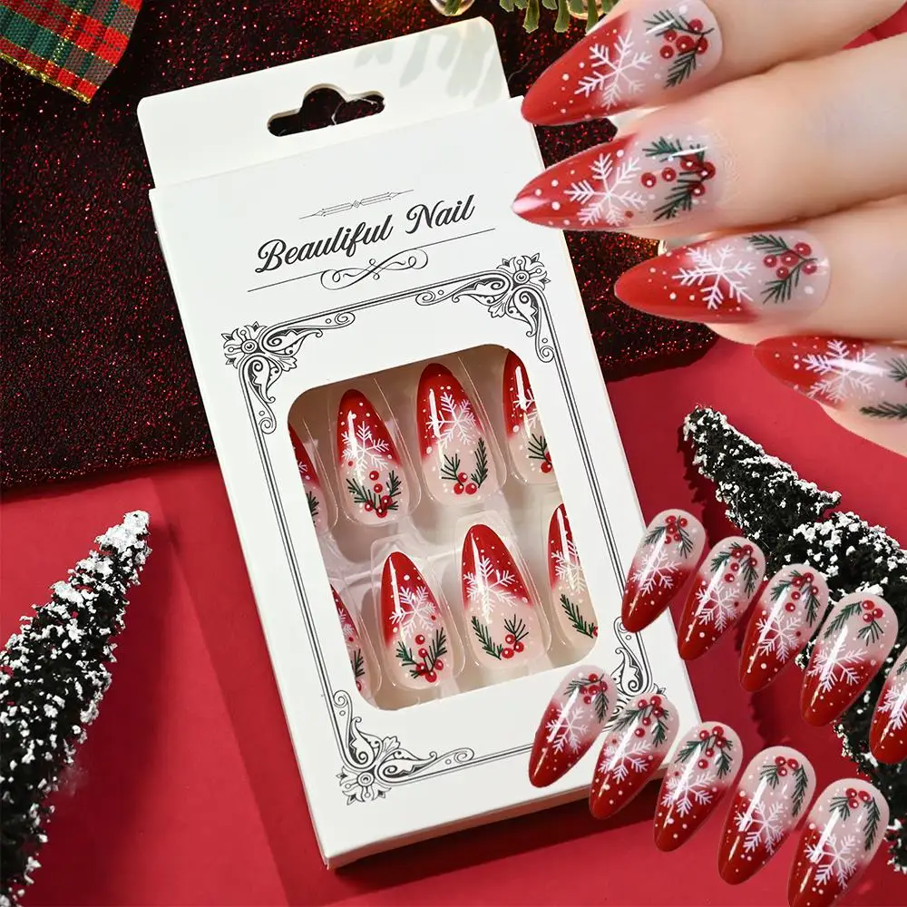 24Pcs Euramerican Christmas Press On Nails Red Short Almond Snowflakes Pine Leaf French Fake Nails Winter Xmas False Nails Tips