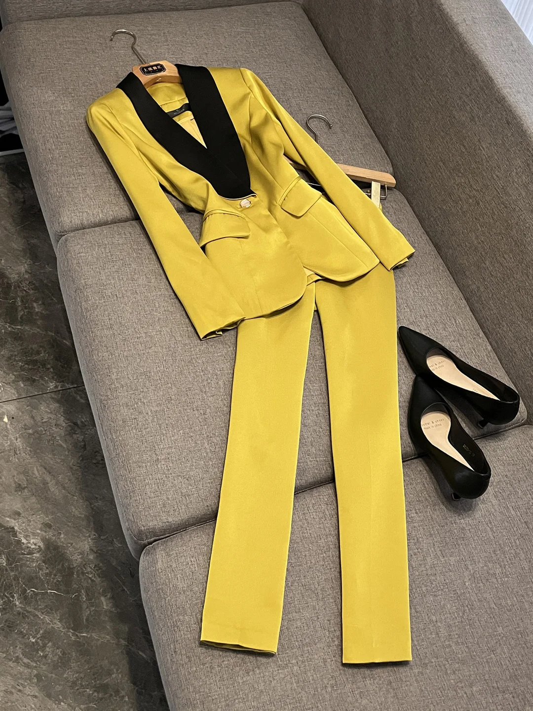 Fall Winter New Sle Yellow Long Sve Suit Jaet Women's Pants Profional Faion High-End Lightweight Commuting X