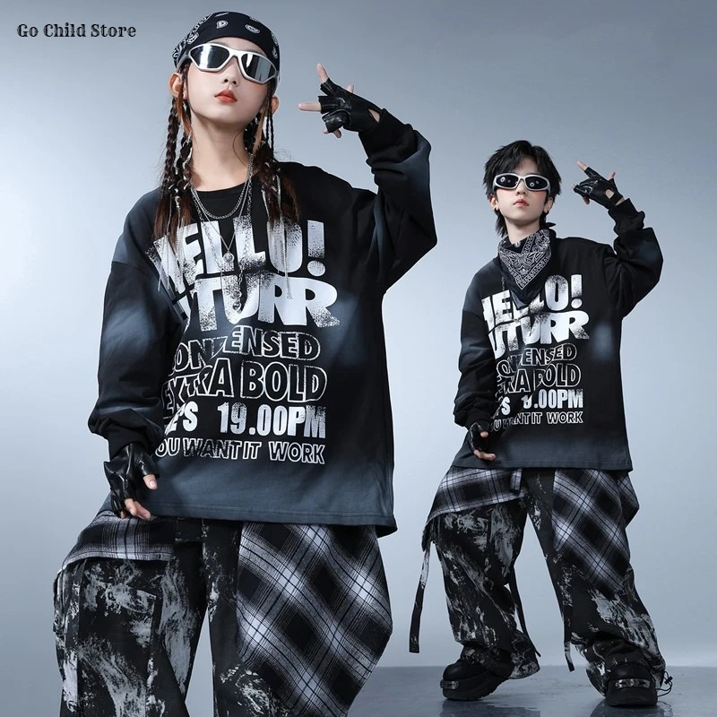 Boys Hip Hop Letters Sweatshirt Graffiti Street Dance Cargo Pants Girls K-pop Jazz Costumes Children Clothes Set Kids Streetwear