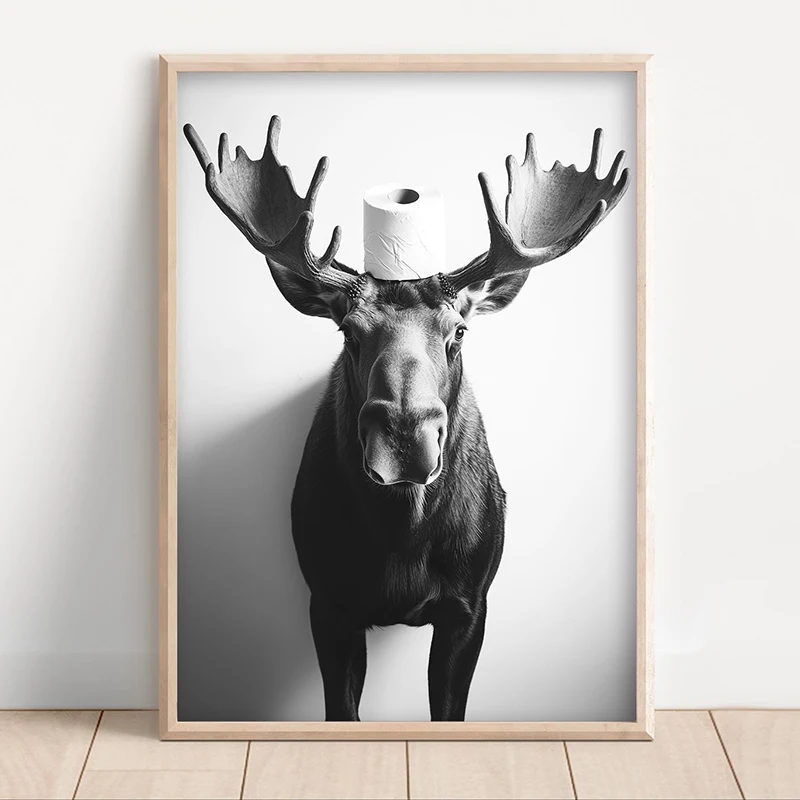 Black White Funny Bathroom Poster Animals with A Toilet Paper Roll on Head Canvas Painting Print Wall Art Picture for Home Decor