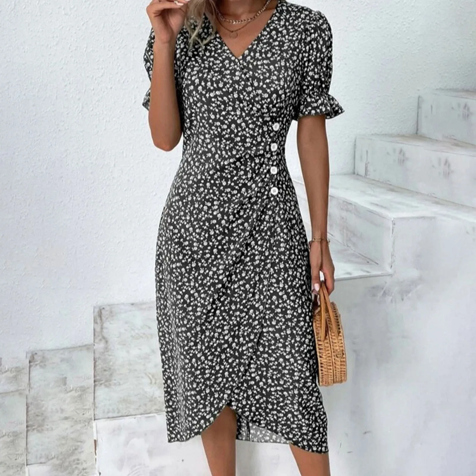 

Elegant Dress For Women 2024 Summer Floral Printed Pleated Midi Dress Female V Neck Puff Sleeve Waist Ruched Button Dresses