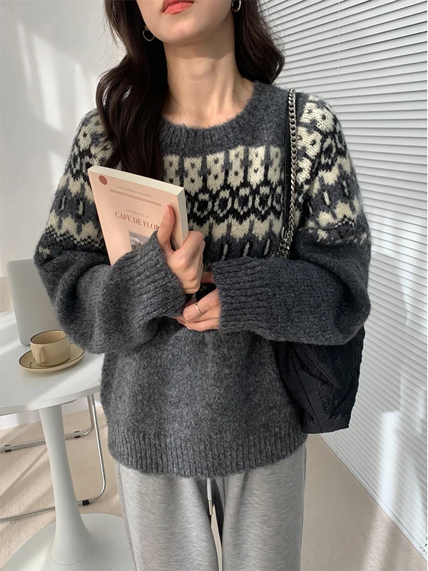 

Ay Fair Isle Винтажный круглый свитер Ne Женский свободный ленивый свитер Высококачественный вязаный топ Thi Winter Faion Женский вязаный топ...