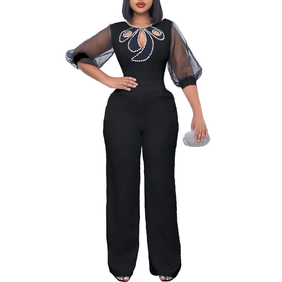 

African Clothes for Women Black White Red Polyester African Jumpsuit Spring Summer African Half Sleeve O-neck Long Jumpsuit