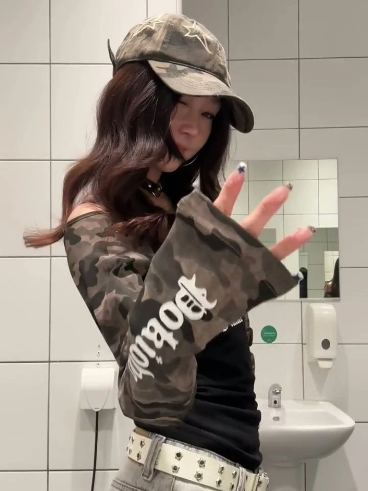 

Camouflage Patchwork Y2k Aesthetic Slash Neck T-shirt Streetwear Letter Printing Tshirts Women Grunge ​Harajuku Slim Fit ​Tees