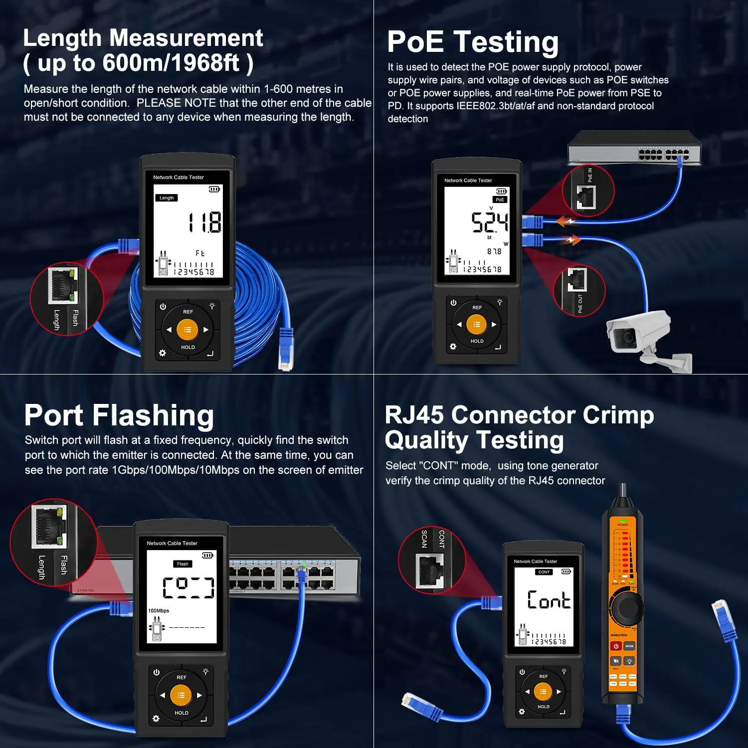 3" Screen Rechargeable Network Cable Tester with OPM & VFL Digital Tone Generator & Probe Kit PoE Detector RJ45 Ethernet Cable