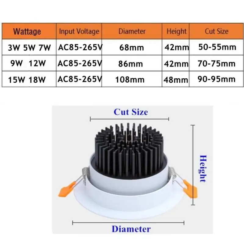 Recessed Down Light 3W 5W 7w 9W 12W 15W 18W LED Down Light Outdoor COB Dimmable LED Ceiling Light Bulb COB LED Spot Light 1pc