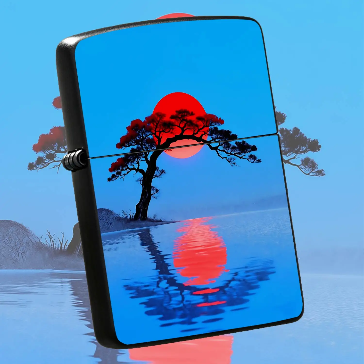 Title: Stylish Aesthetic Pine Red Sun Pattern Lighter, Serene Blue Lake Reflection Art Decor Igniter, Perfect for Outdoor Trip, Daily Household Use, Gifting to Family and Friends, Exquisite Practical Item with Elegant Ar A Humorous And Inte