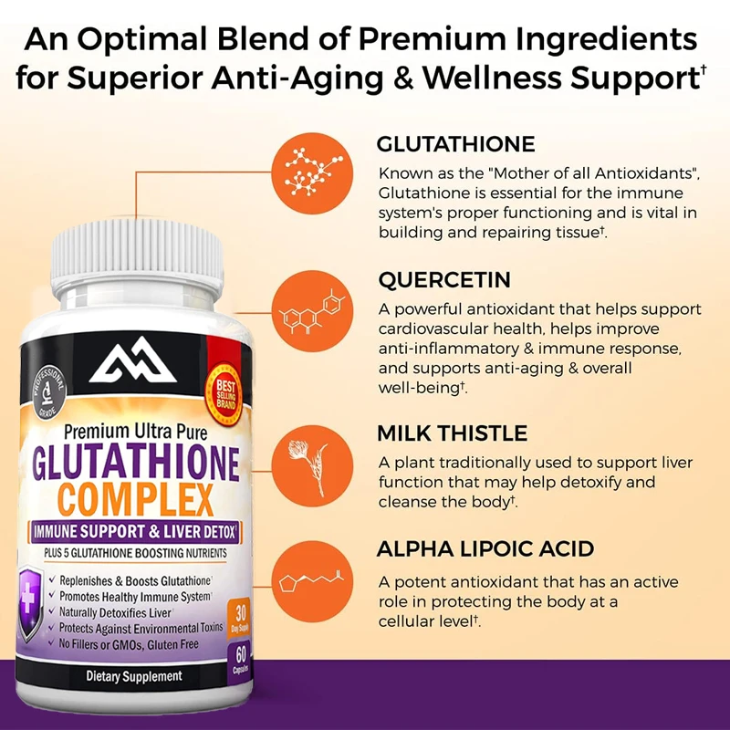 Glutathione supplementation,liver detoxification,quercetin,vitamin C,milk thistle,immune health, 60 capsules vegetarian capsules