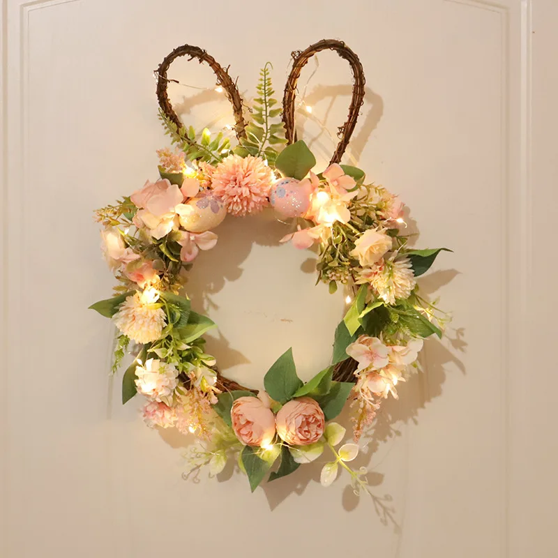 

35cm Easter Rabbit Woven Rattan Wreath Artificial Flowers Garland Door Ring DIY Hanging Ornament Festival Party Decoration