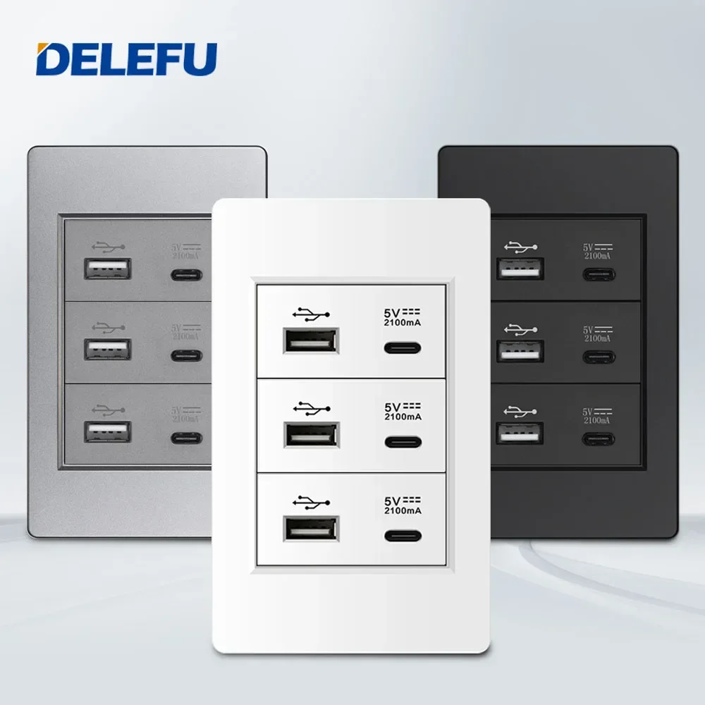 DELEFU 4*2 PC Flame Retardant Panel 6 Charging port Triple USB Type C Wall Plug 118*74mm 2.1A 5V Outlet