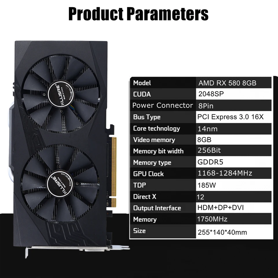 Kllisre Graphics Cards RX 580 8GB GDDR5 GPU Video Card 256Bit