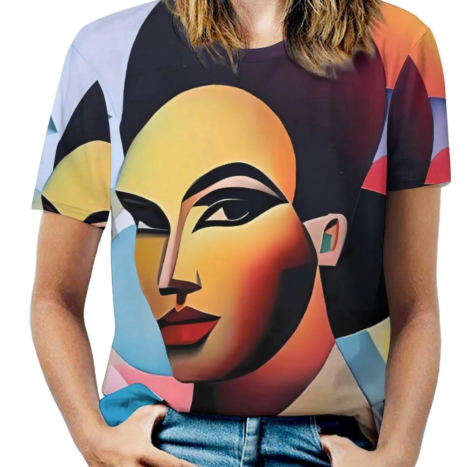 Beach Lady Face Art Board Print T Shirts Cubist Style Streetwear T Shirt Woman Short-Sleeve Oversized Tees Design Tops Gift Idea