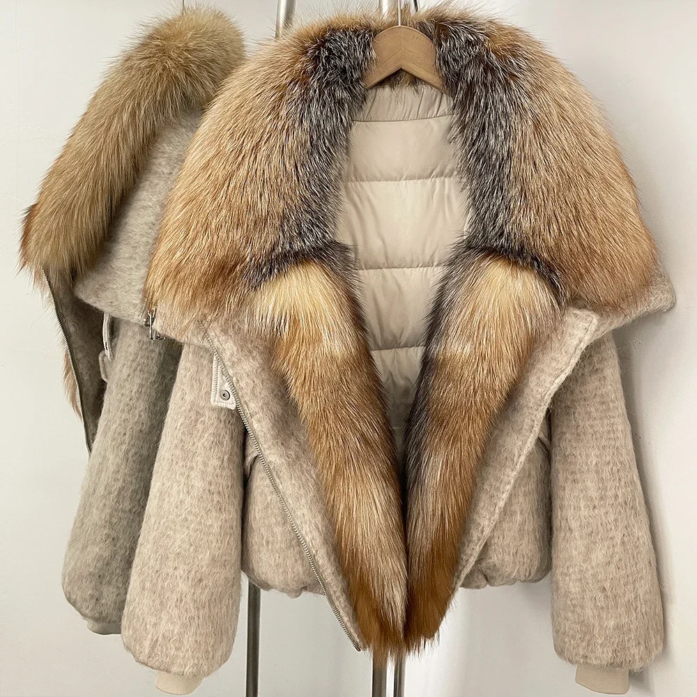 OFTBUY Luxuriöse Echtfell-Daunenjacke für Damen, Oversize, Wollmischung, mit Echtfellkragen aus Fuchsfell, Neuer Warmer Wintermantel – Detail 14