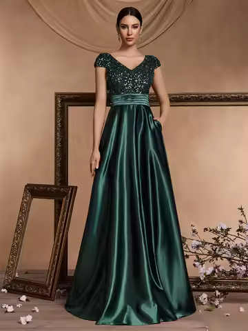 Elegant V Neck Green Sequin Evening Dress Long 2025 Luxury Women Satin Sleevesless Wedding Party Dress Prom Cocktail Gowns