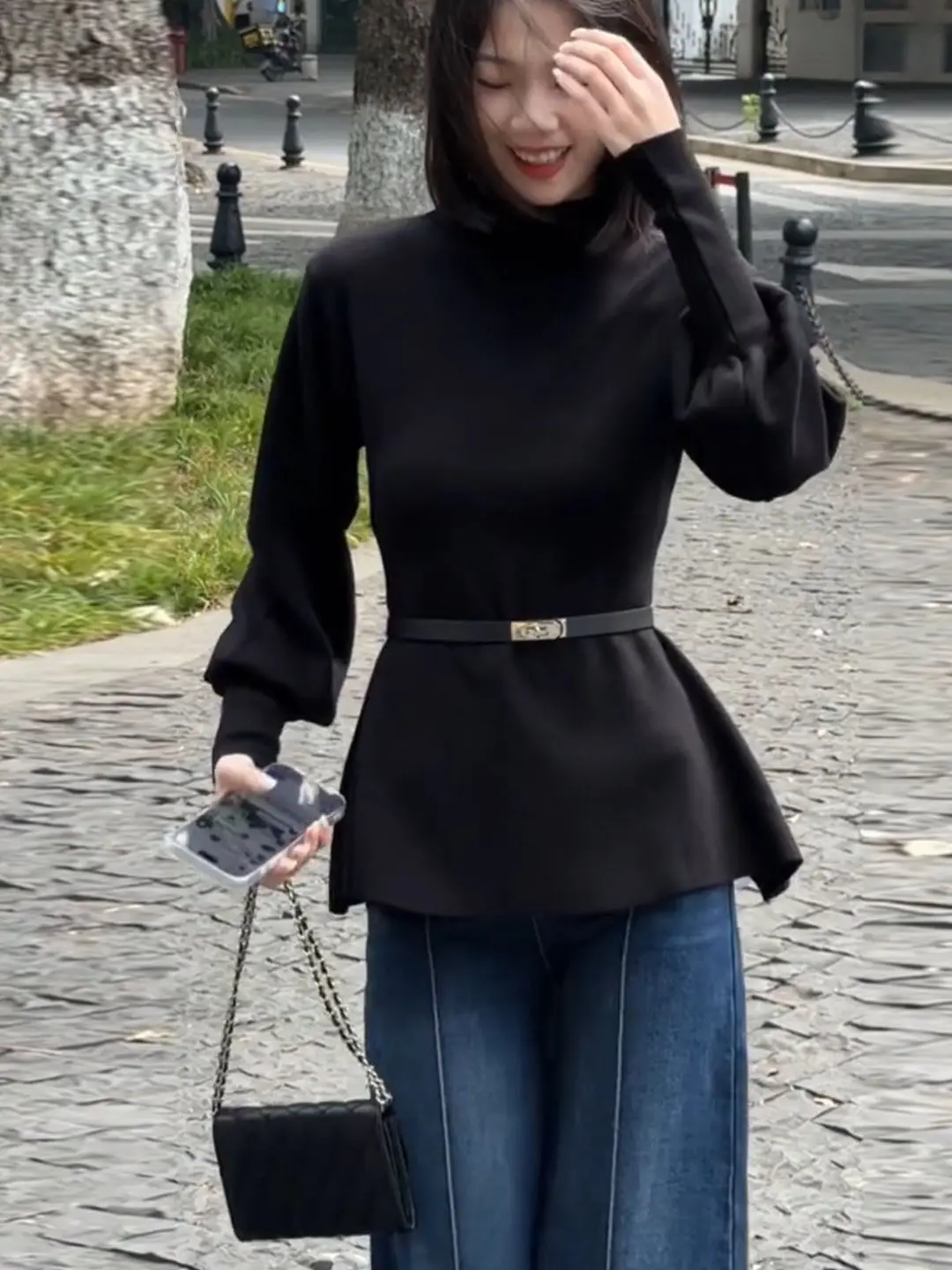 

Black Knitted Long Sleeve Sweater Women's Early Spring Waist Belt Slimming Top Luxury Lady's Shirt Half High Collar Belted Waist