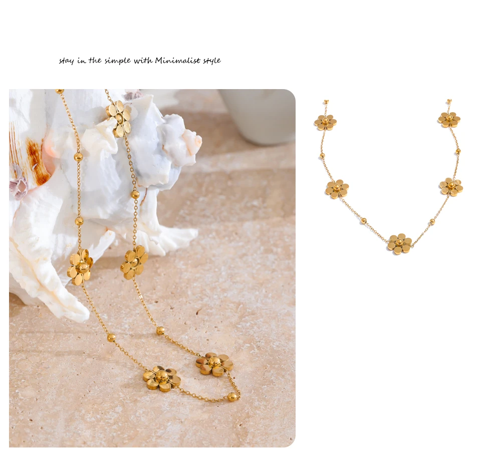 Yhpup Edelstahl-Blumenkette, modische Halskette, PVD-beschichtet, golden, wasserfest, poliert, hochwertiger Schmuck für Frauen – Detail 11