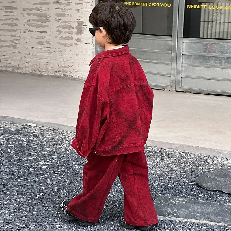 Children Clothes Boys Fashion Set 2024 Spring and Autumn New Handsome Red Denim Coat and Pants Boys Cool Two-piece Set