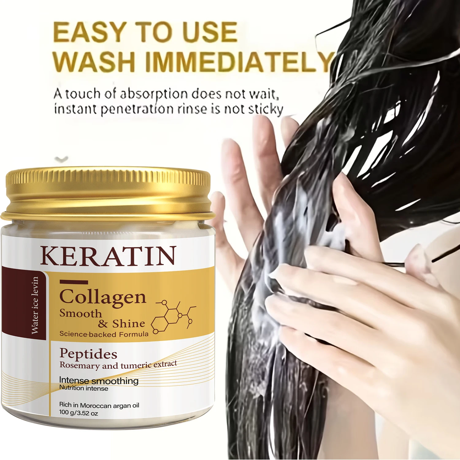 Keratin Collagen Peptides Smoothing Formula. Ginger Rosemary Turmeric Extract. Shea Butter Moroccan Argan Oil Intense Nutrition.