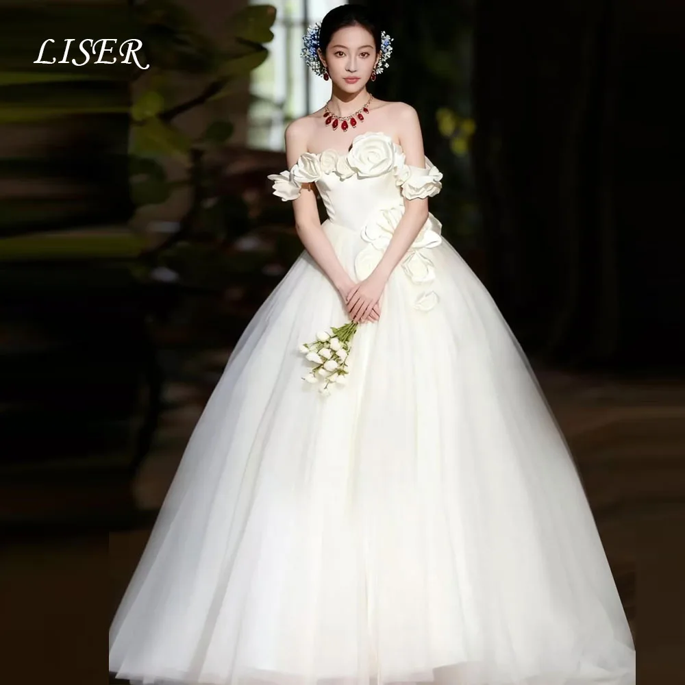 

Liser Off Shoulder Korea Wedding Dresses Appliques Satin Silk Customized Photo Shoot Elegant Bridal Gowns 웨딩드레스 Bride Dress