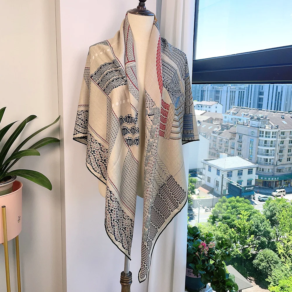 Autumn and winter wool scarf beige woven wind double-sided printed silk wool scarf versatile shawl thermal scarf