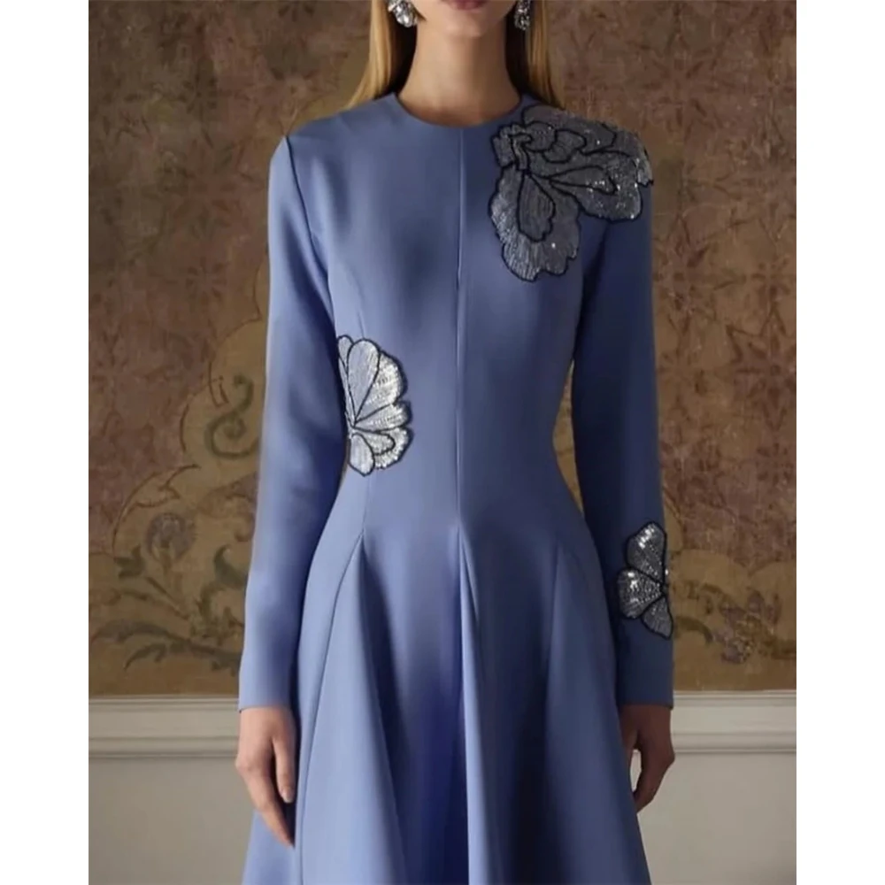 أزياء مساء اللباس مخصص جيرسي زهرة مطرزة ألف خط الحفلة الراقصة س الرقبة طويلة الأكمام الكاحل طول حزب فساتين #3