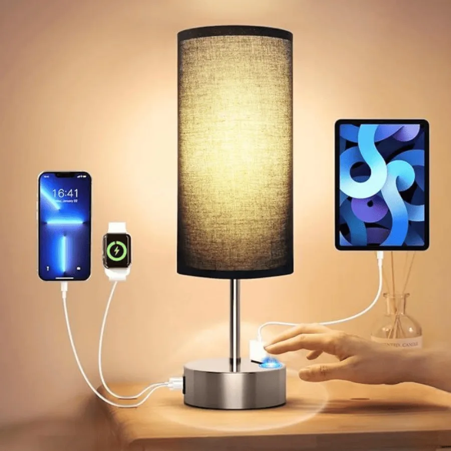 Small Bedside Lamp Touch Control Table Lamp with USB A+C Charging Ports AC Outlet 3-Way Dimmable Nightstand Lamp with Linen Fab