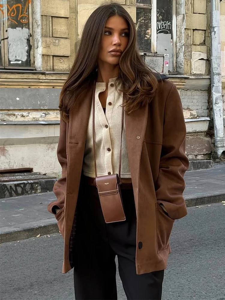 Trendix Vintage Suede Jacket Femme 2025 Autumn Lapel Patchwork Pocket Cardigan Coats Winter Street Retro Loose Commuting Coat