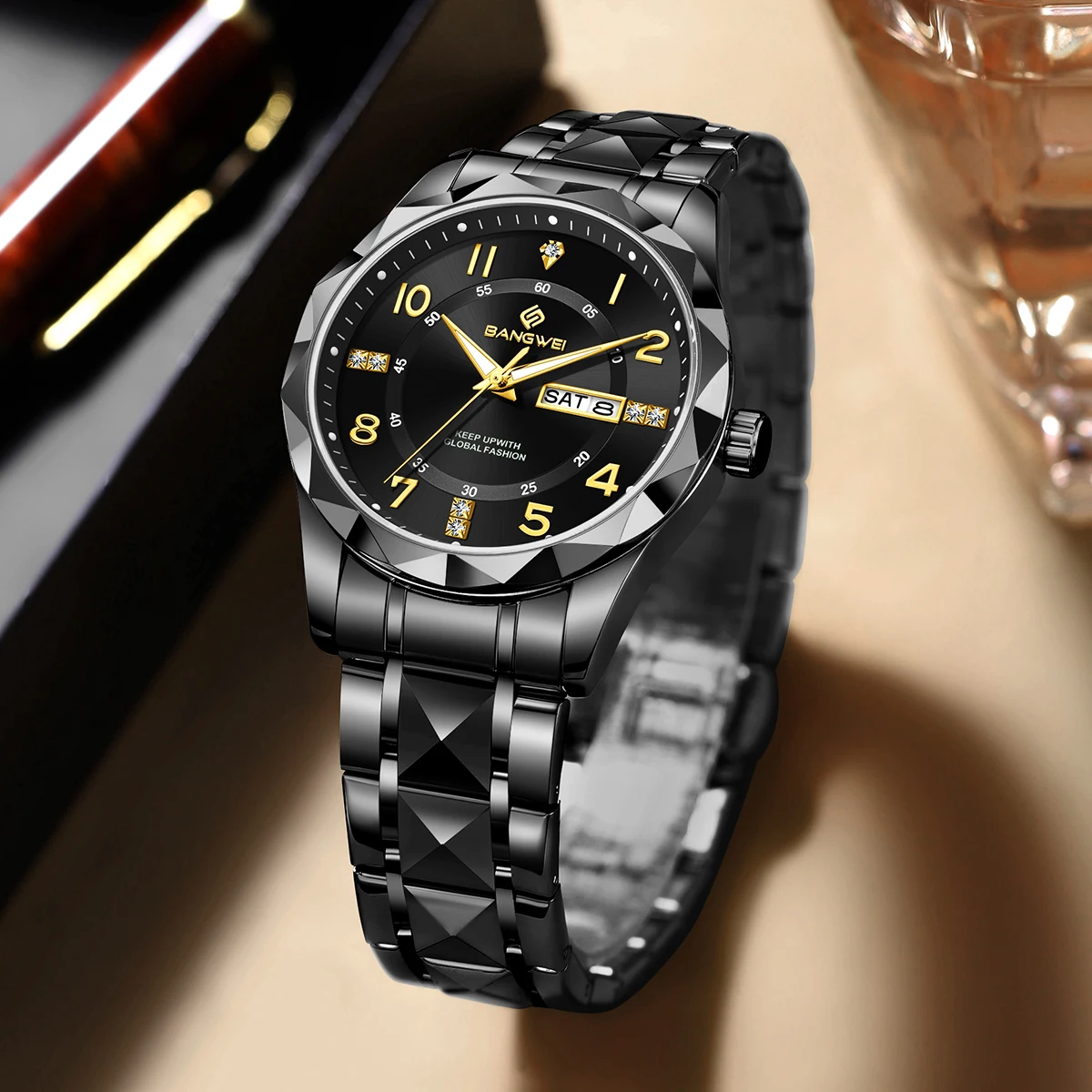 BANGWEI Luxury Man Wristwatch Waterproof Luminous Date Week Watches Man Stainless Steel Quartz Men's Watch For Halloween Gifts