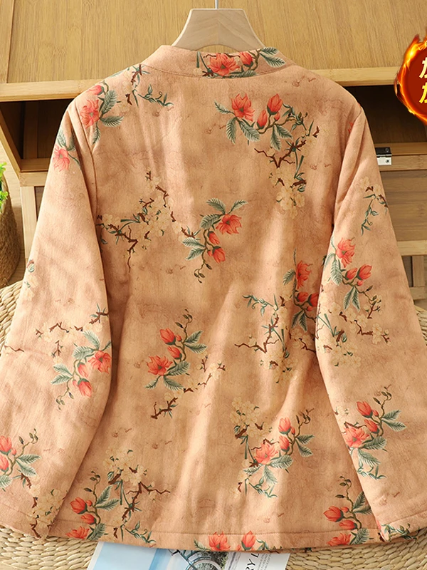 

Новое китайское хлопковое жакет с цветочным принтом, женское легкое зимнее пальто на пуговицах спереди, свободная посадка, длинная ткань с принтом