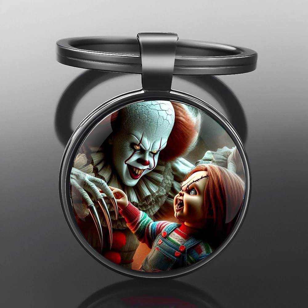 Child's Play Joker Glass Dome Key Chain Unique Keyrings Charm Pendant Jewelry Perfect Birthday Gift Idea Lucky Charm Holloween