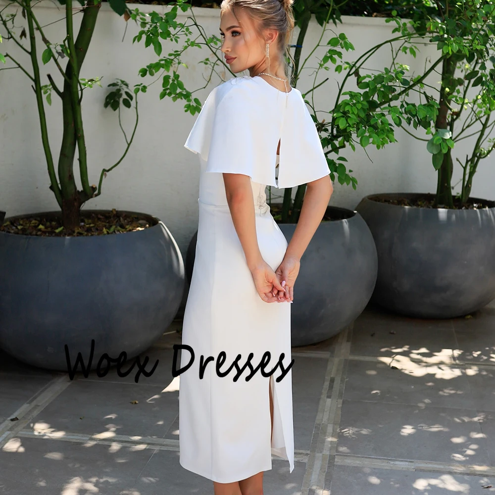 Personalizado sem alças simples camisa branca vestido de noite com capa sem mangas apliques vestido de festa em linha reta chá-comprimento vestido de baile