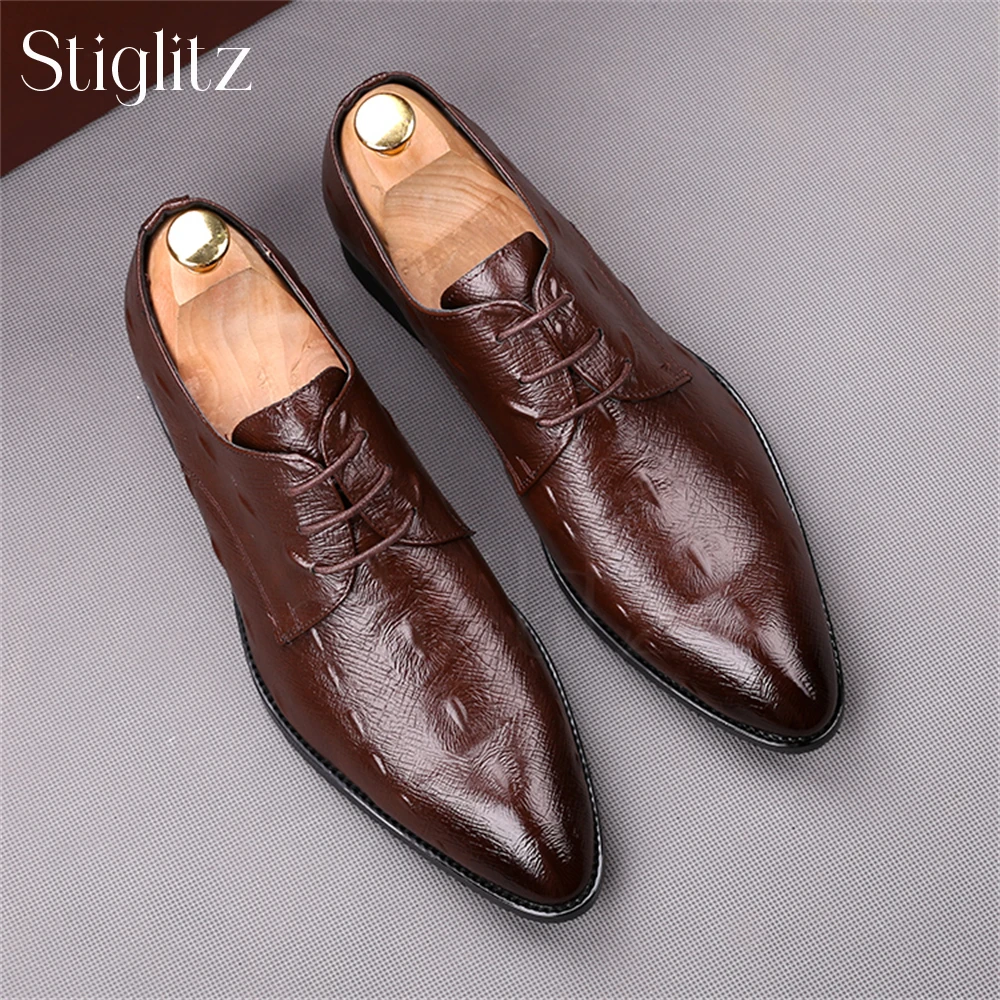 

Faux Ostrich Leather Pointed Toe Shoes Designer Style Lace up Oxford Shoes Elegant Handmade Dress Shoes Wedding Formal Occasions