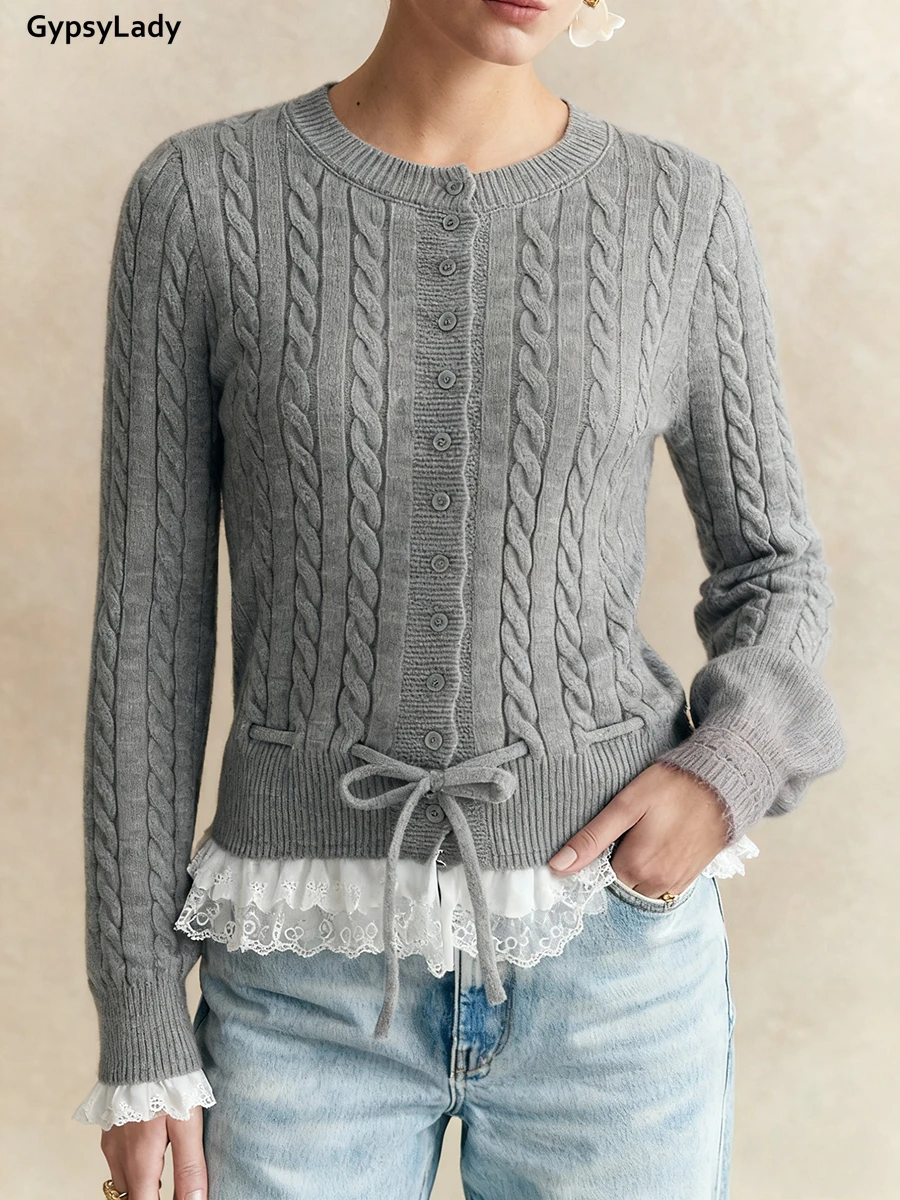 

French Style Vintage Knitted Cardigan Sweater Women Gray Lace Trim Cable Knit Button Front Tie Waist Long Sleeve Casual Knitwear
