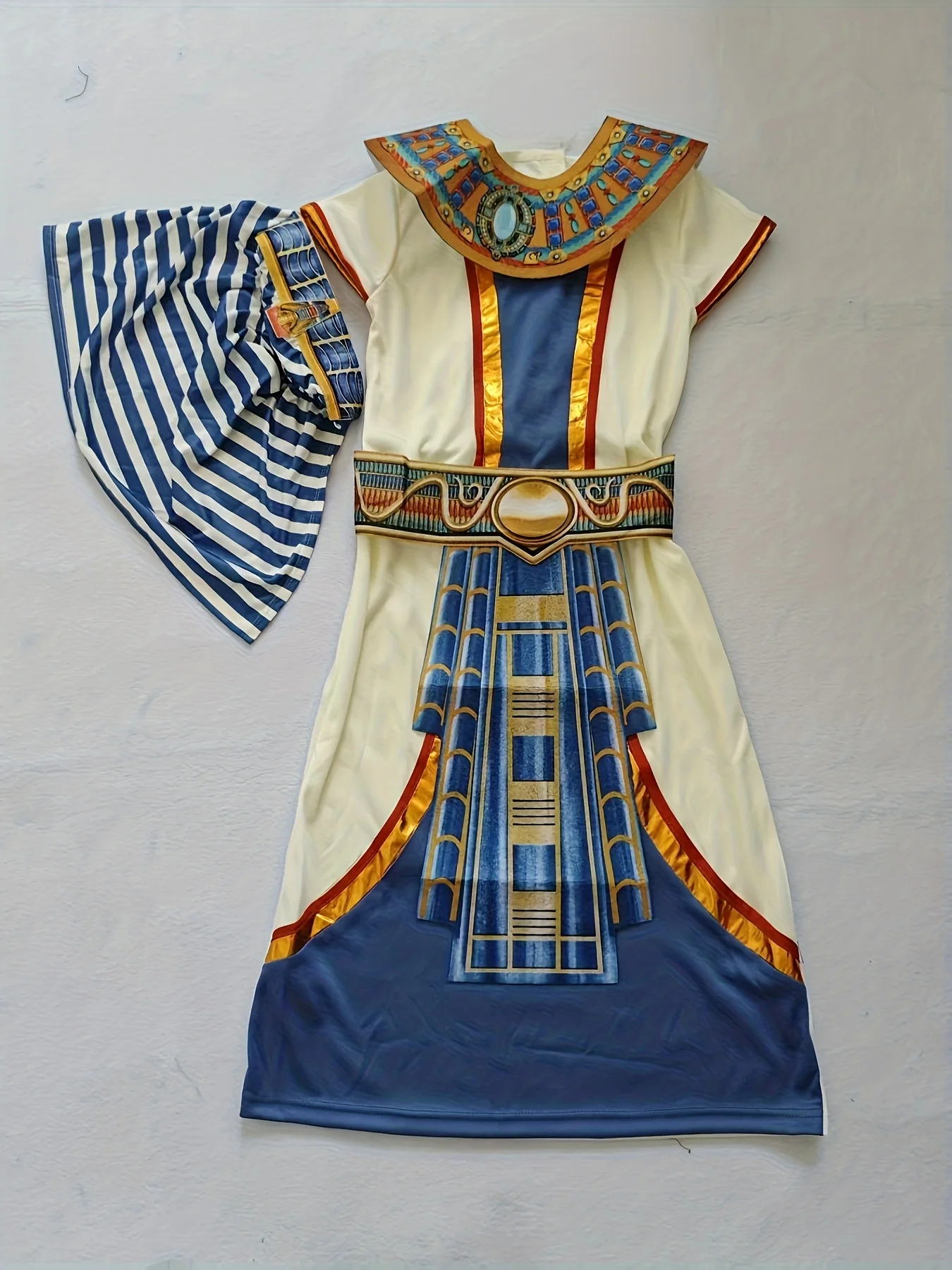 Conjunto de 4 Piezas con Estampado de Elementos Egipcios para Niños: 1 Disfraz de Elementos Egipcios para Niños con Túnica de Estampado Digital + 1 Cuello de Estampado Digital + 1 Cinturón Estampado + 1 Pañuelo para la Cabeza Azul y Blanco. Ropa Decorativa con Estampado Étnico para Niños con Elementos de Estampado Egipcio. Conjunto de Disfraces para Niños para Fiestas de Halloween y Varias Representaciones de Disfraces Festivos