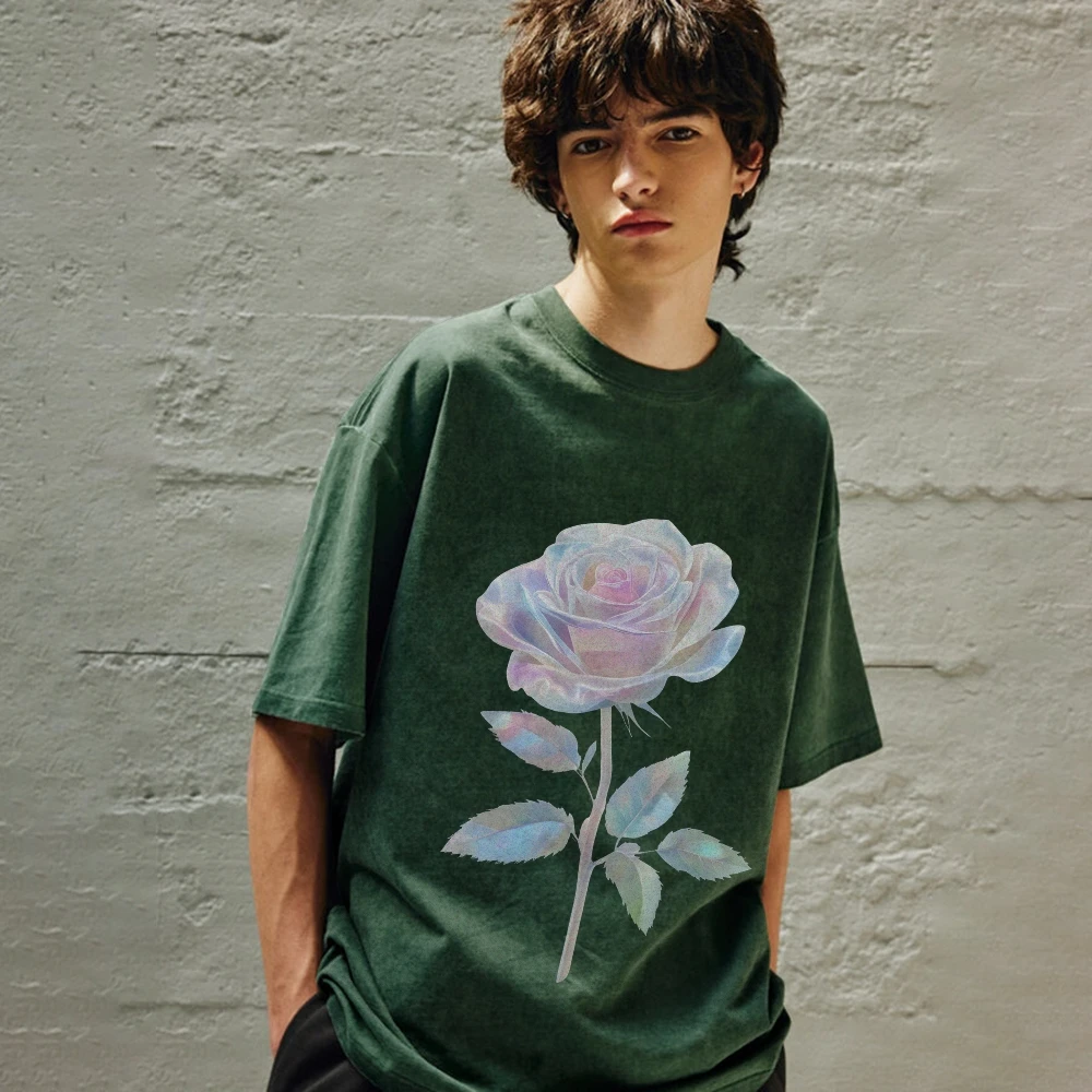 Y2k Graphic T-Shirt Iridescent Rose Print Shimmering Romantic and Floral Cotton Clothes Soft Fabric for Love-Themed Casual Looks