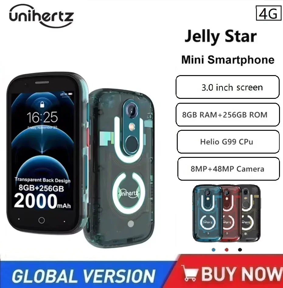 Мини-смартфон Unihertz Jelly Star Android 13 8 ГБ + 256 ГБ со светодиодной подсветкой, разблокированный прозрачный корпус, 48 МП, 3-дюймовый маленький сотовый телефон