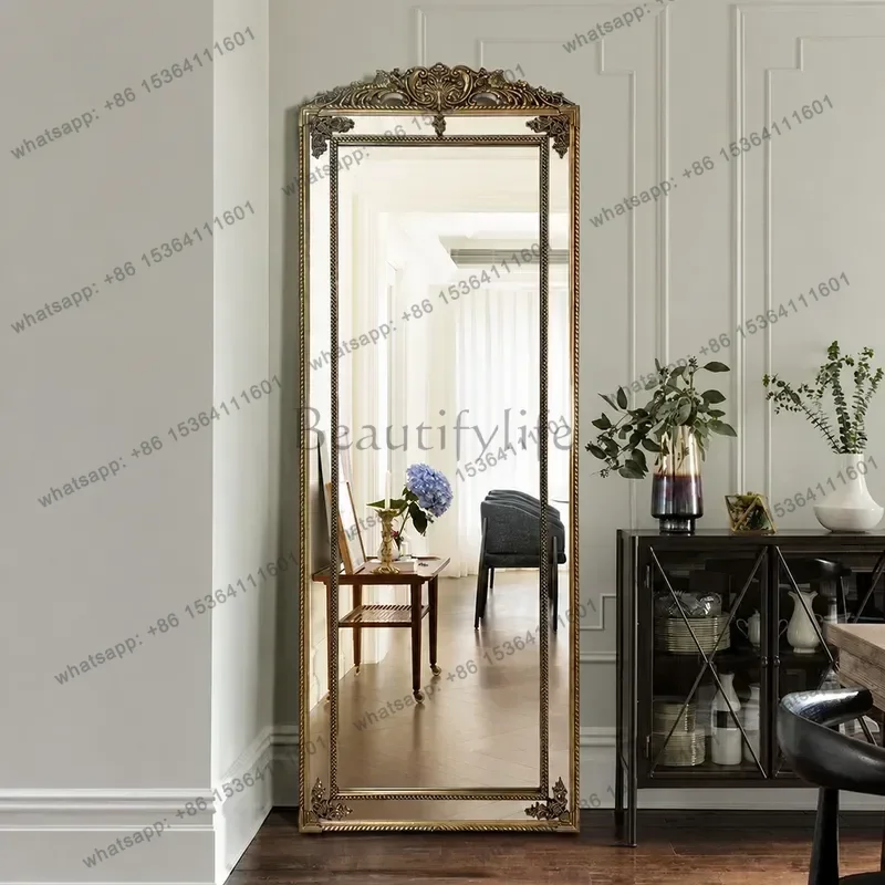 Full Length Floor Mirror with Retro Carved Frame for Home Cloakroom Fitting Room Wall Mounted or Standing Dressing Mirror