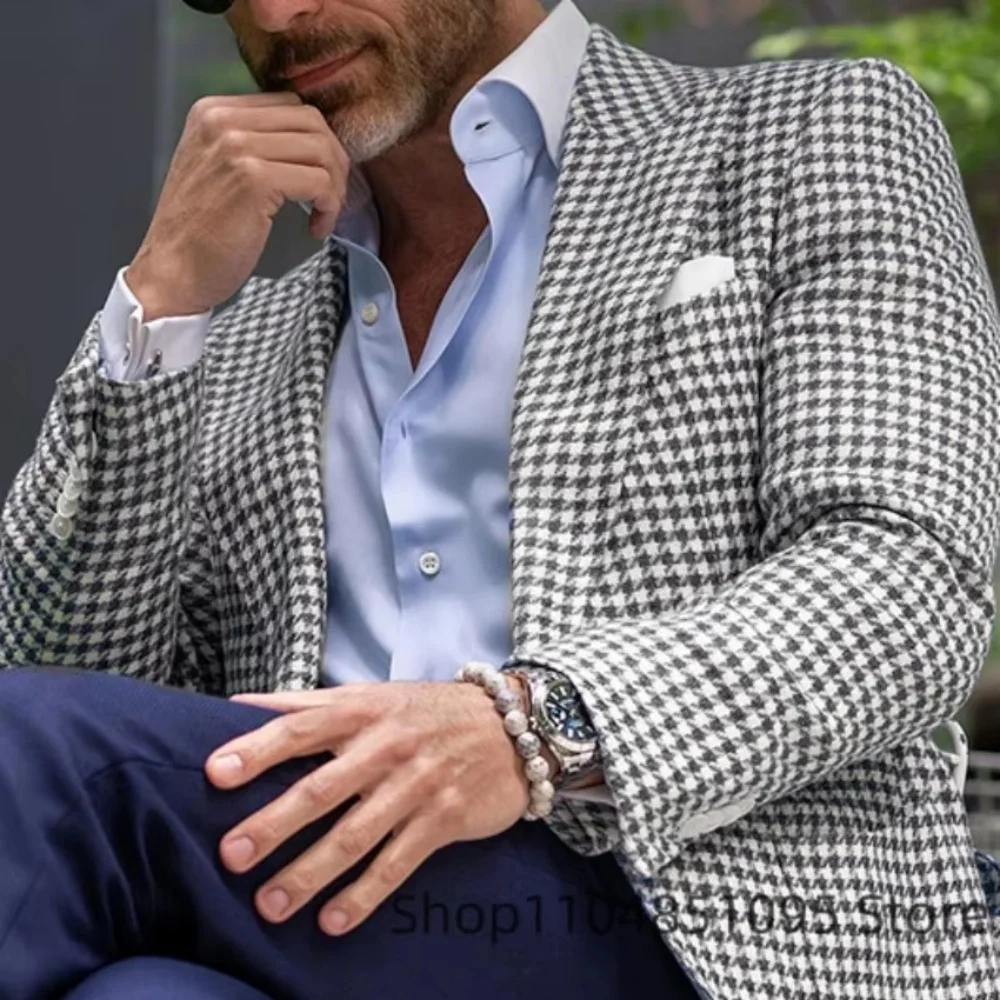 Rosa Houndstooth Terno Jaqueta De Lã Business Blazer Unique Top Breasted Slim Fit Check Wedding Suit Ternos