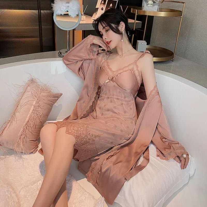 2024 Summer Ladies Lace Sexy Pajamas Breast Cushion Famale Sleepwear Two-piece Set Slip Nightdress Ice Silk Thin Homewear Suit