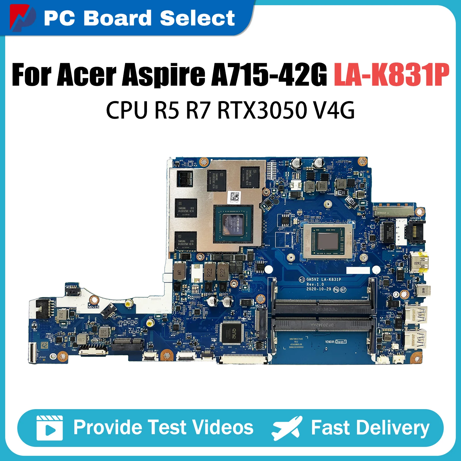 

LA-K831P Mainboard For Acer Aspire 7 A715-42G Laptop Motherboard with R5-5500U R7-5700U CPU RTX3050 V4G 100% Teste