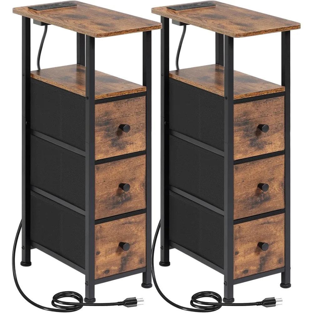 

Narrow End Tables Living Room Set of 2 with Charging Station, Skinny Side Table with Fabric Drawers, Slim Nightstand for Bedroom