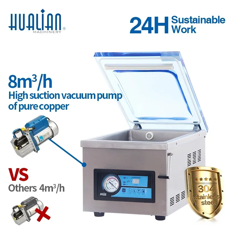 HVC-260T/1A Hualian Automatic Electric Food Meat Heat Packing Kitchen Single Chamber Nylon Bag Sealing Sealer Vacuum Machine