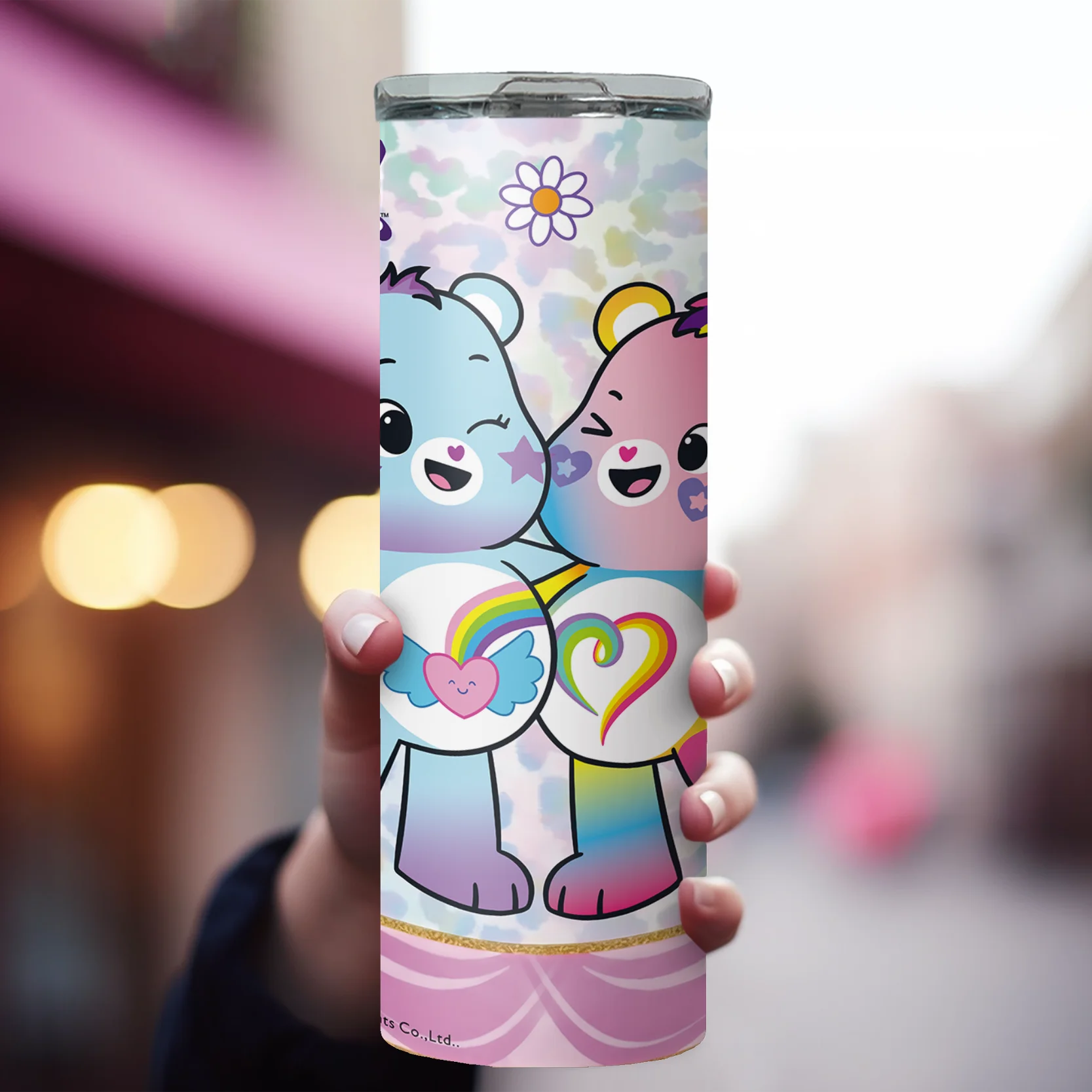 1pc 20oz Pastel Leopard Daisy Care Bears Stainless Steel Insulated Tumbler Travel Cup with Straw for Daily Outdoor Birthday Gift