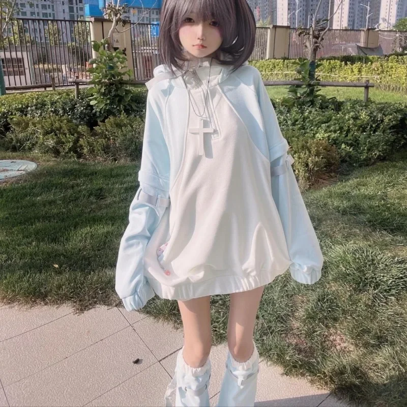 

Y2k E-girls Cute Cat Ear Hooded Sweatshirt Removable Long Sleeve Coat Women 2025 Spring Autumn New Subcultural Jackets