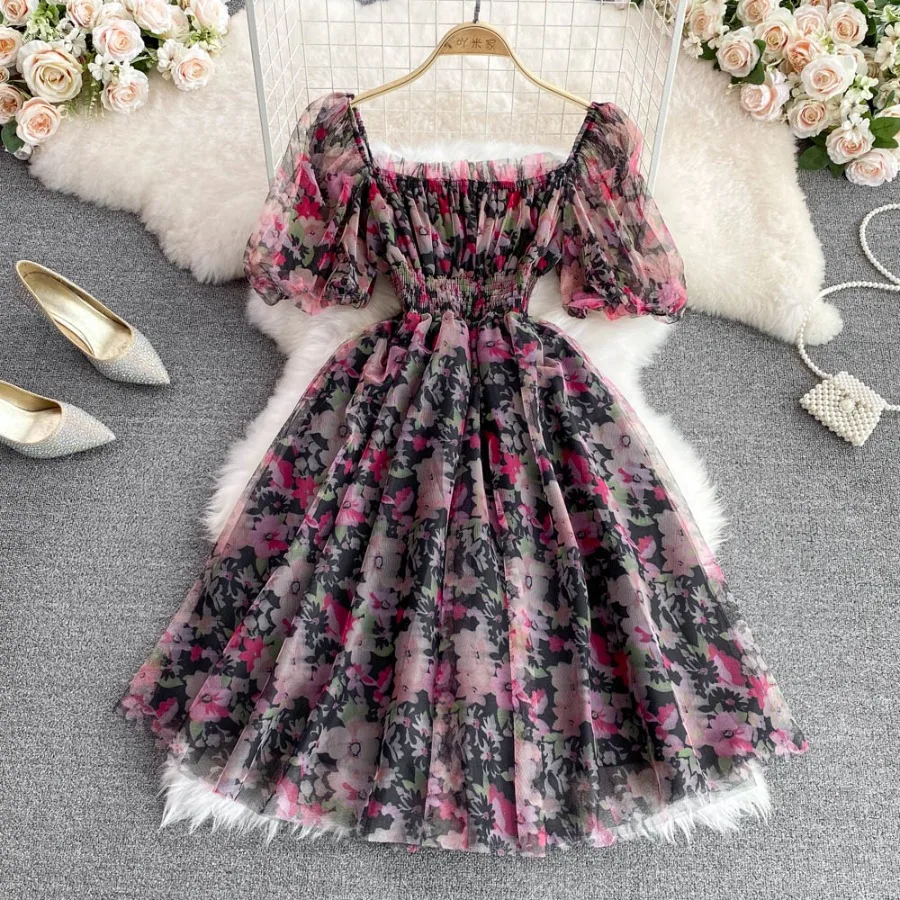 

【New style】French temperament square collar floral dress summer new style retro gentle style salt-sweet first love tea break dr