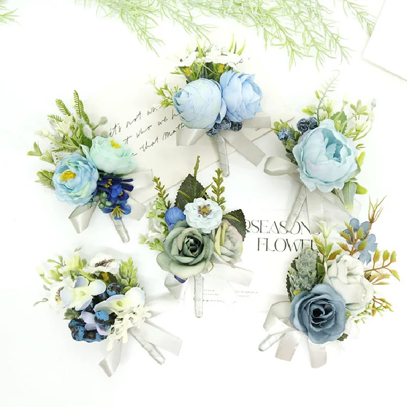 Corsage boutonniere e pulso para convidados, azul fresco, estilo ocidental, estilo floresta, festa de banquete, suprimentos do casamento, 238