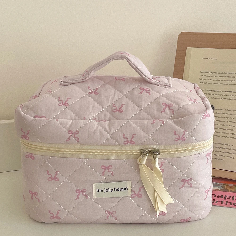 2024 rosa Bowknot Quilten Frauen Kosmetik Tasche Tragbare Zipper Make-Up Reise Veranstalter Weibliche Handtasche Kulturbeutel Für Mädchen – Detail 5