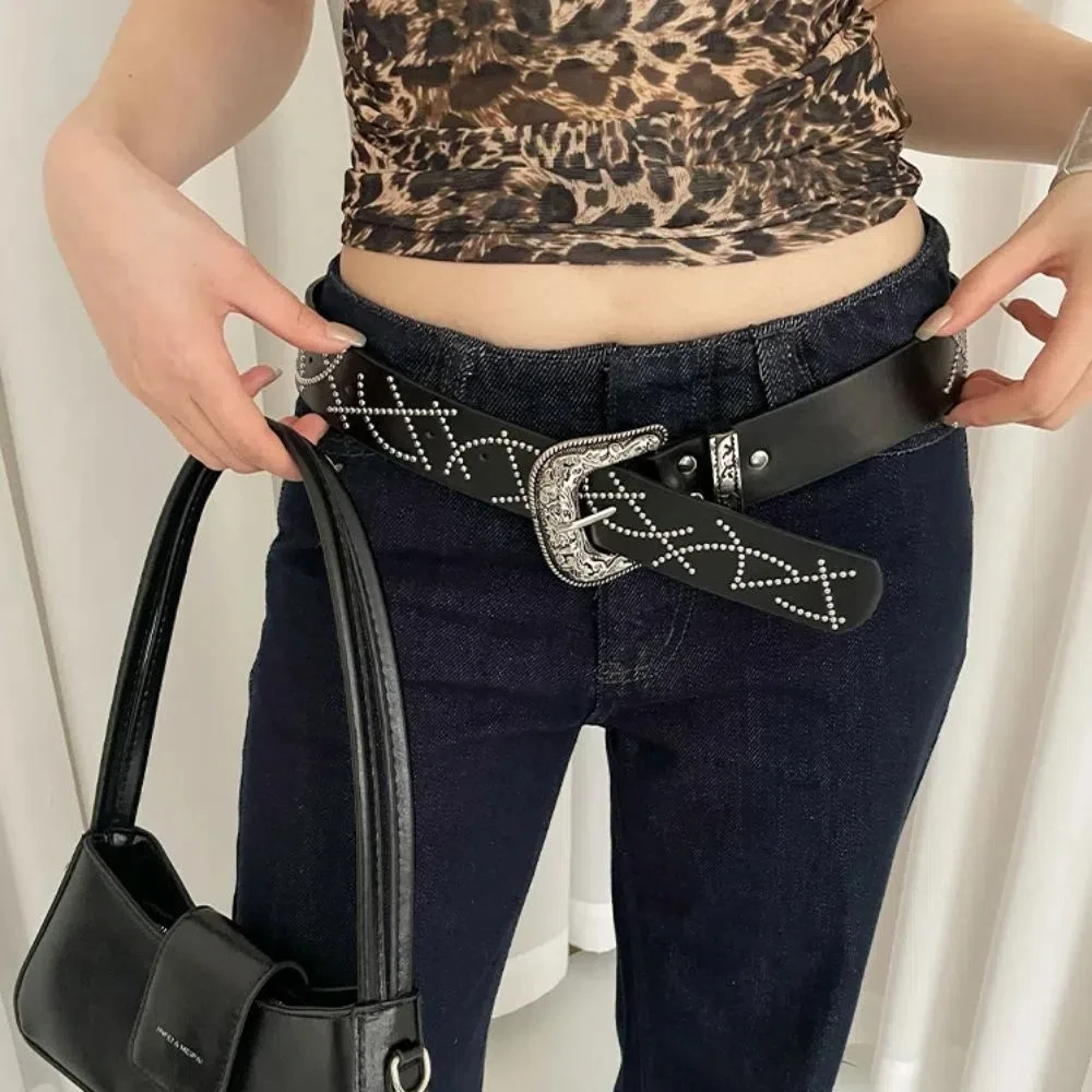 

American Korean Women's Belt Gothic Leather Buckle Waist Belt Rivet Black White Dress Jeans Belt Spicy Girls