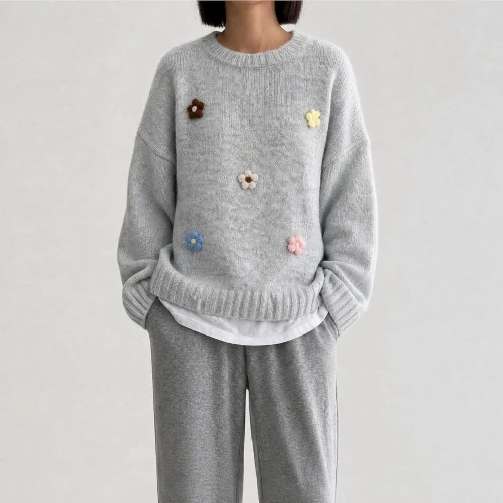 Women's Clothing Loose Knitwear New Long Sleeve Round Neck Floral Sweater Top All-match Pullover Simple Style Comfortable Trendy 4