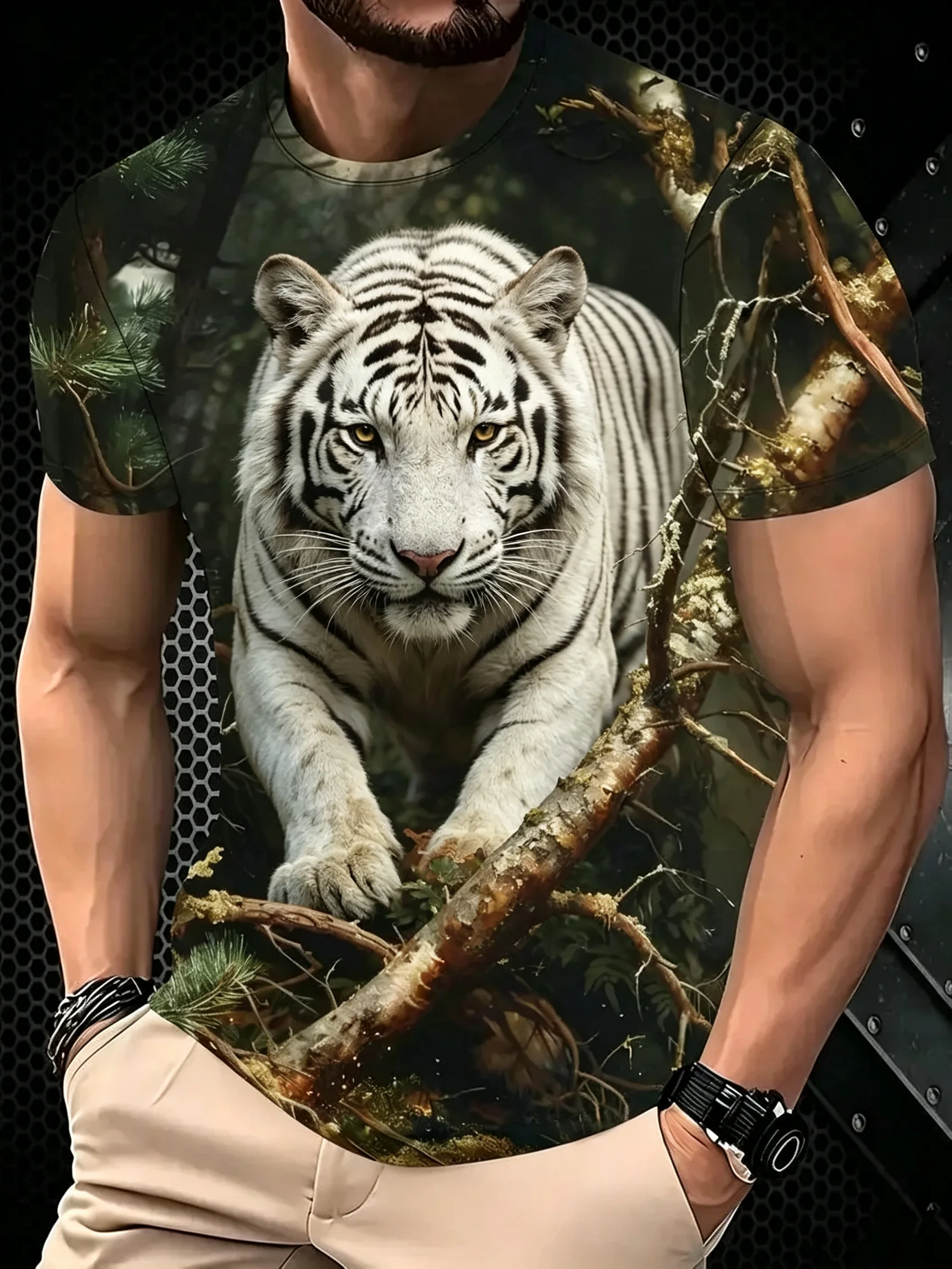 Men's 3D Jungle Fierce White Tiger Pattern Short Sleeve T-Shirt Fashion Cool Daily T Shirt Casual Crew Neck Tops Summer Clothing